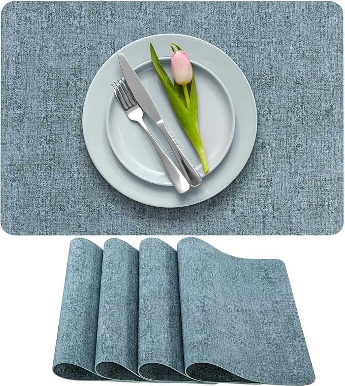 More Décor Faux Leather Placemats Set of 4 for Dining Table – Waterproof, Wipeable, Washable, Stain & Heat Resistant, Non-Slip Table Mats – 12 X 17 Inch, Blue