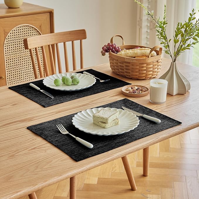 Softalker Faux Linen Placemats Set of 12-12 x 18 Inch, Heat Resistant Double Layered Durable Burlap Farmhouse Place Mats, Non-Slip Washable Rustic Table Mats for Dining, Kitchen, Party（Black