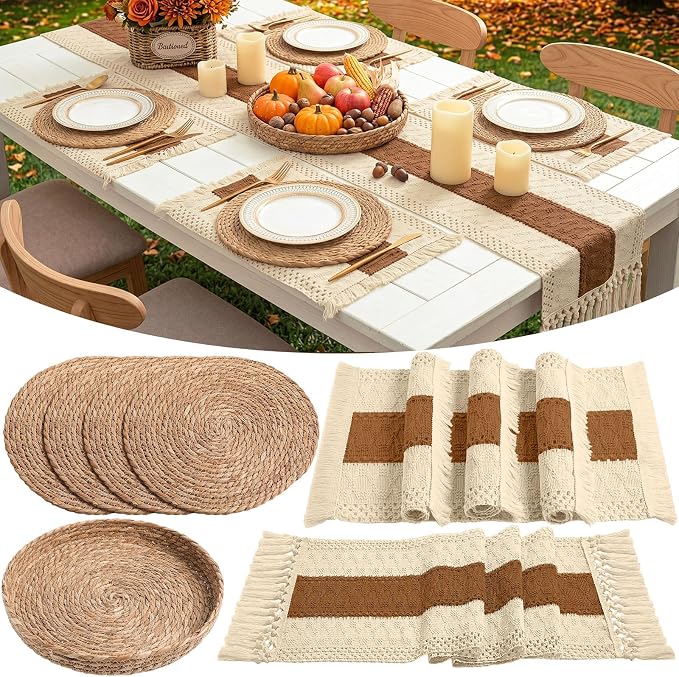 Boho Placemats 4/6/8 Set of Round Woven Placemat Macrame Style Bicolor Stitching Long Table Runner Farmhouse Rustic Natural Burlap Cotton for Kitchen Dining Table(4 Sets,Caramel Color,12x72)