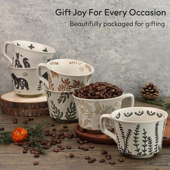 Ceramic Coffee Mug, 11 oz Small Novelty Unique Teacup with Handle, Stoneware Cup for Tea Mocha Latte Cappuccino (Set of 4, Plants)