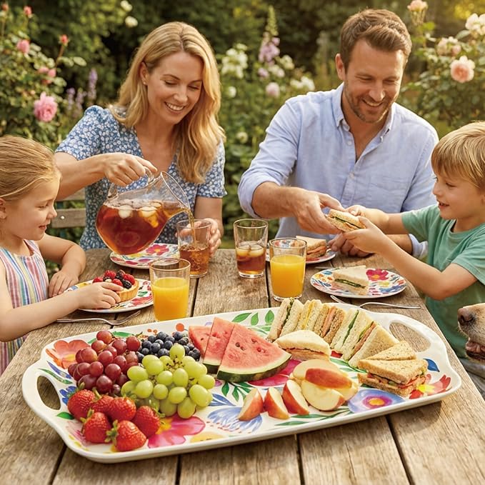 TP Serving Trays with Handles, 17 x 12 Inch Melamine Serving Platters for Food, Meat, Set of 2 Rectangular Trays for Eating, Floral