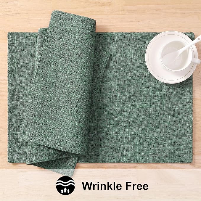 homing Faux Cotton Linen Placemats Set of 8, Cloth Washable Farmhouse Dining Table Mats for Indoors & Outdoors, Easy to Clean, Green, 13 x 19 Inch