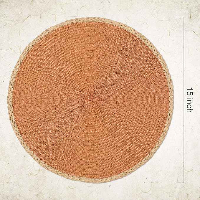Noctiflorous Braided Round Placemats Set of 4, 15 Inch Woven Table Mats, Non-Slip Washable Thin Edge Place Mats for Kitchen Dining Table Decor (Orange, 4)