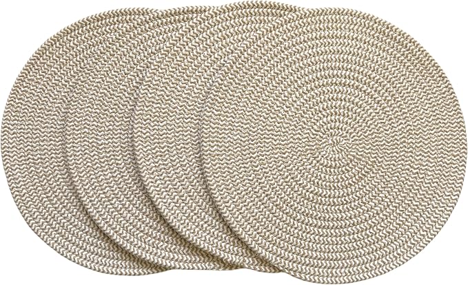 WAZAIGUR Round Placemats Washable Thick Cotton Absorbent 13 inch Round Table Mats for Kitchen Dining Table Set of 4 Round Woven Fabric Indoor/Outdoor Place Mats (Khaki and White, 4)