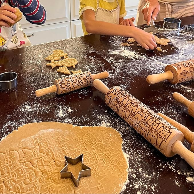 CHRISTMAS TILES Embossing Rolling Pin. Laser Engraved Dough Roller for Embossing Homemade Christmas Cookies by Algis Crafts