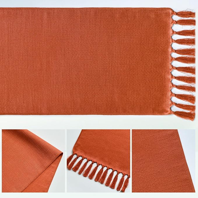 Artoid Mode Terracotta Orange Tassel Table Runner, Fall Linen Blend Rustic Farmhouse Style Kitchen Table Decoration Holiday Wedding Party Dinning Decor 13x90 Inch