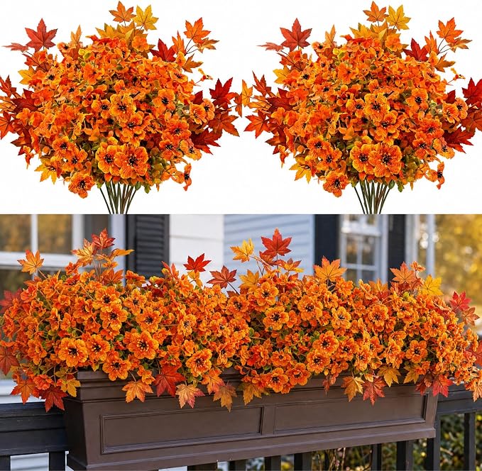 10Pcs Artificial Fall Flowers Outdoor UV Resistant, Faux Mums Orange Silk Flowers with 3-Tone Maple Leaves for Porch Planters, Thanksgiving Autumn Harvest Decor, 14 Inch