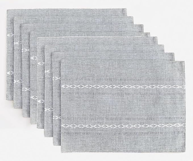 Wracra Cotton Linen Placemats, 12 x 18 Inch Set of 8 Placemats Rustic Hemstitch Place Mats for Kitchen Table and Heat Resistant-Hemstitch Grey