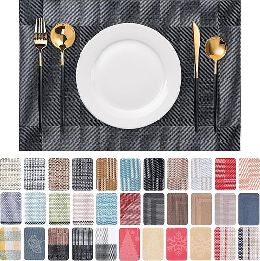 CADONO Placemats Set of 6 Washable Indoor/Outdoor Vinyl Place Mats for Dining Table Durable Non-Slip Heat Resistant PVC Weave Table Mats（Four-Corner-Black）