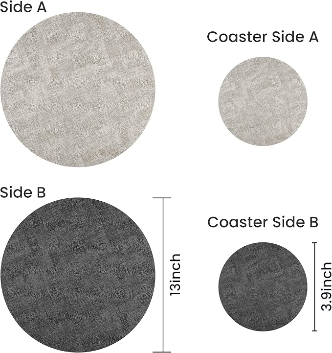 13-Inch Faux Leather Round Placemats Set of 8, Waterproof Anti-Slip Dual Sided Place mats, Heat Resistant Washable Table Mats with Coaster, Suitable for Indoor & Outdoor (8, Black Light Gray)