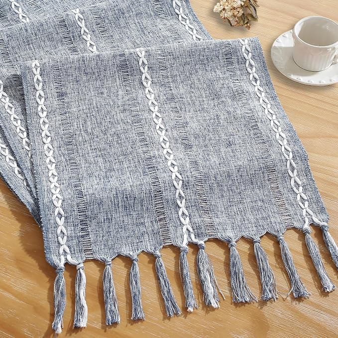 Rustic Boho Table Runner, Farmhouse Table Runners 90 Inches Long for Kitchen Dining Room, 13x90 Inches, Blue Lines