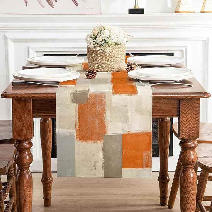 Orange Grey Watercolor Table Runner 72 Inches Long, Art Abstract Modern Table Runners for Seasonal Decor Party Kitchen Dining Coffee Table Dressers Wedding Home