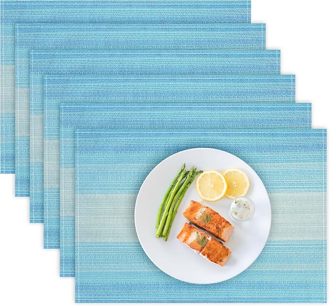Bloss Blue Placemats Set of 6, Linen Woven Place Mats for Kitchen Table Indoor/Outdoor, 12" x 18" Washable Gradient Blue Placemat Dining Table Mats