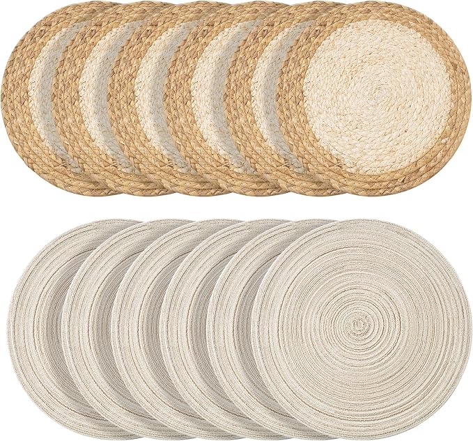 Handmade Round Boho Placemats Set of 6 | Natural Woven & Polyester Braided Combo Table Mats | 12-Piece Versatile Place Mats | Simple Rustic Farmhouse Style Dining Table Decor, Ivory