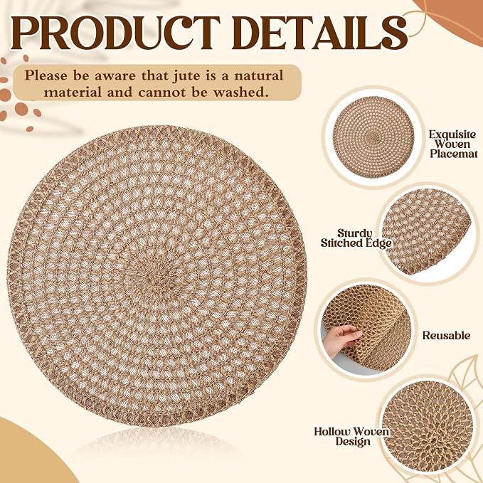 15 Inch Round Burlap Placemat Set of 6 Boho Jute Woven Charger Bulk Rustic Vintage Natural Brown Heat Resistant Dining Table Mat for Wedding Farmhouse Home Kitchen Summer Outdoor Decoration