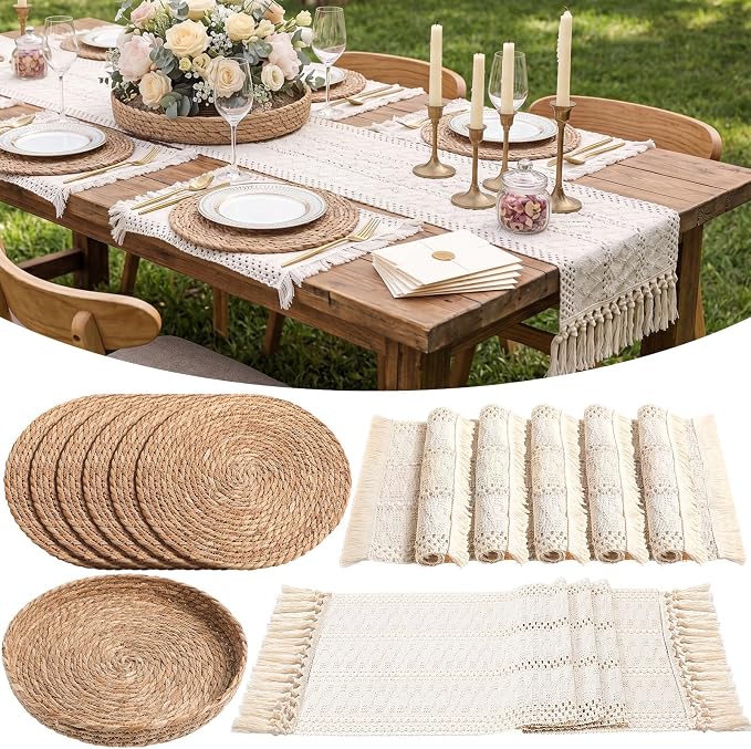 Boho Placemats 4/6/8 Set of Round Woven Placemat Macrame Style Bicolor Stitching Long Table Runner Farmhouse Rustic Natural Burlap Cotton for Kitchen Dining Table(6 Sets,Beige,12x72)