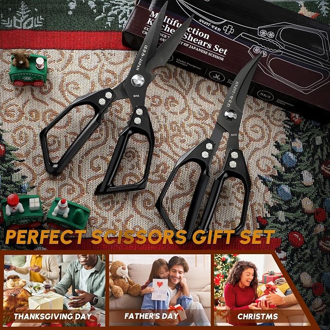 Huusk Kitchen Shears Set Black - Professional Seafood & Kitchen Scissors Set, Sharp Japanese-Style Meat Scissor for Crab, Shrimp, Lobster, Herbs and Food Prep, Gifts for Men Women