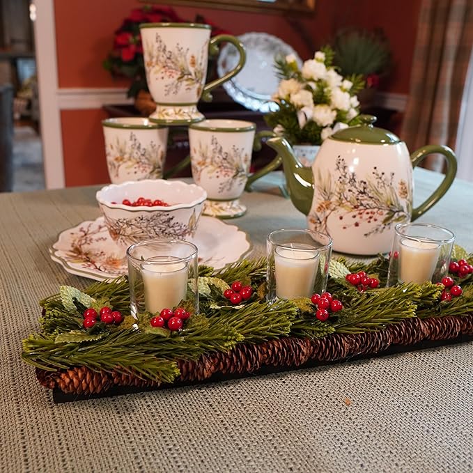 Winters Forest Holiday Mugs Set of 4 – 18oz Large Ceramic Coffee, Cocoa & Tea Cups with Evergreen Pinecone & Berry Design – Dishwasher Safe Winter Drinkware for Entertaining, Gifts & Hot Beverages