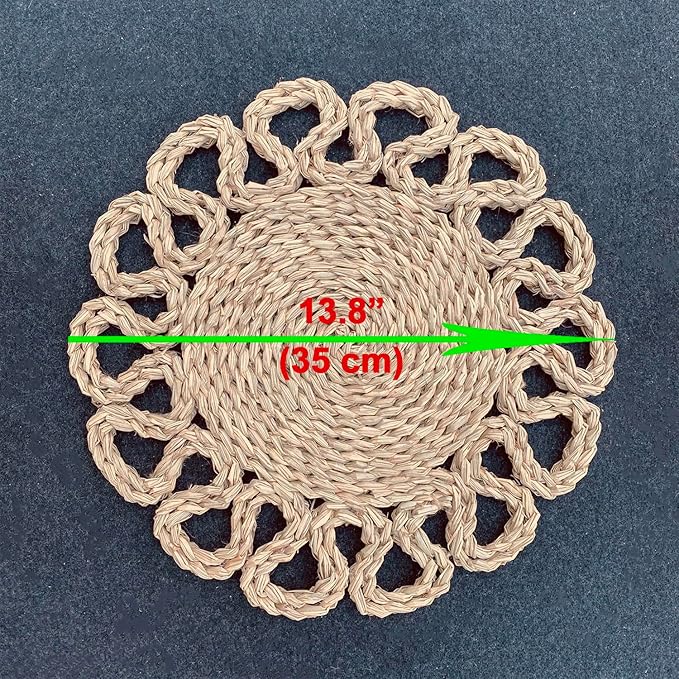 Laquedecraft 13.8" Set of 4 Round Seagrass Placemats | Boho Woven Rattan Table Mats | Farmhouse Wicker Spring Plate Chargers Like Water Hyacinth, Seagrass for Wedding, Party, Christmas, Events