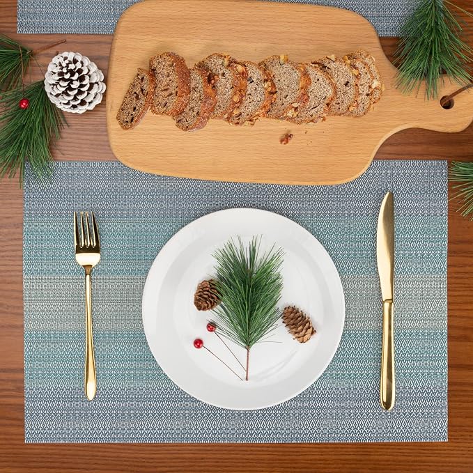 Winknowl Placemats Set of 4, Washable Vinyl Woven Placemats, Heat Resistant & Wipeable Table Mats for Kitchen Dining Table (Blue)