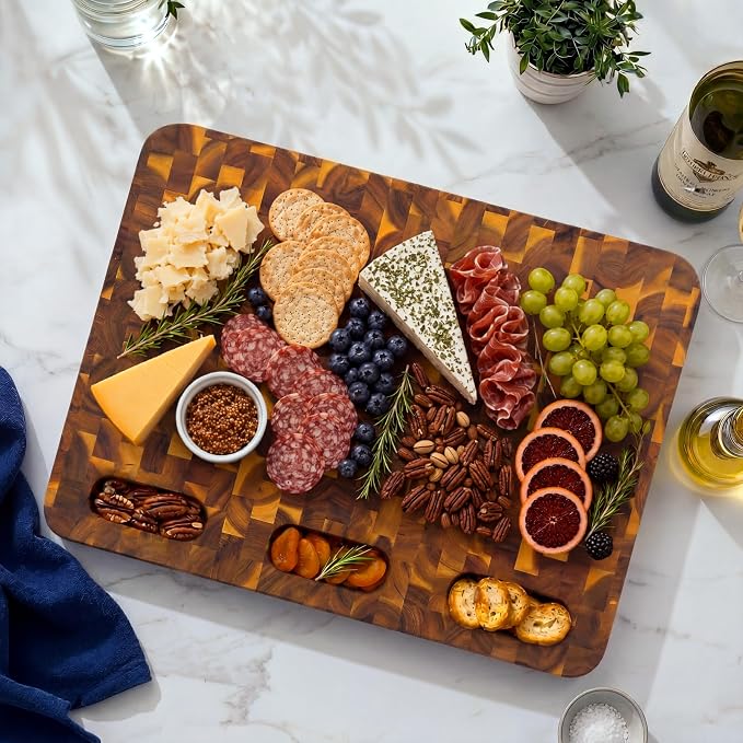 HOMESTEAD End Grain Acacia Wood Cutting Board for Kitchen 24x18x1.5 in, Large Butcher Block Chopping Board for Meat Vegetables with Juice Groove, Handles, Knife-Friendly Surface, Sorting Compartments