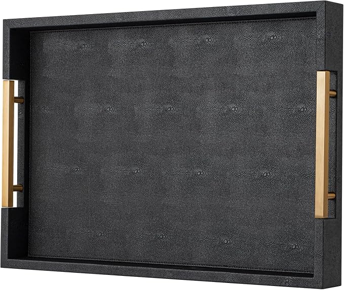 Black Faux Leather Large Square Tray with Handles – Decorative Serving for Coffee Table, Ottoman, Living Room & Bathroom