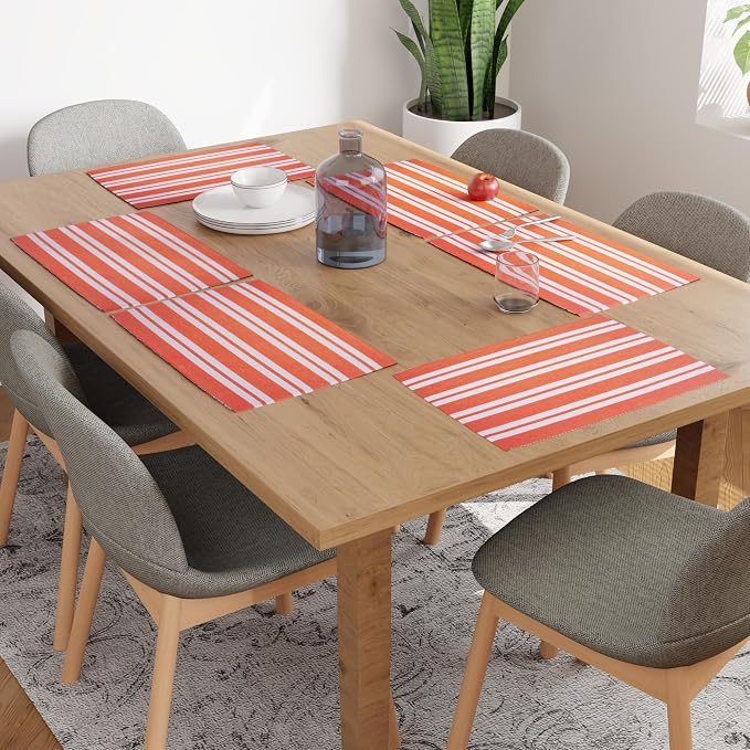 Encasa XO Dining Placemat Set of 6 | Franca Orange Stripes Color | Fine Ribbed Cotton Table mat | Size 18x13 in | Machine Washable
