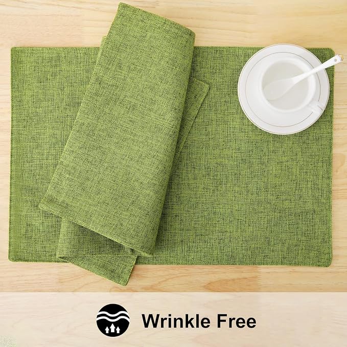 homing Faux Cotton Linen Placemats Set of 4, Cloth Washable Farmhouse Dining Table Mats for Indoors & Outdoors, Easy to Clean, Grass Green, 13 x 19 Inch
