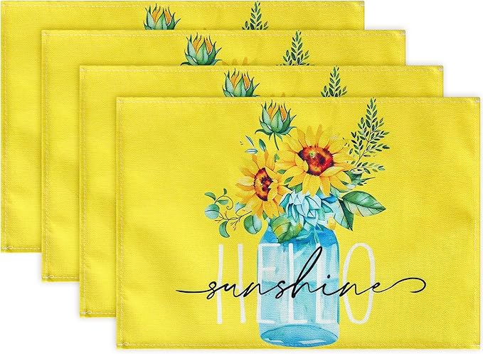 Bloss Yellow Hello Sunshine Sunflower Summer Placemats Set of 6, 12 x 18 Inch Spring Seasonal Holiday Decoration Rustic Vintage Washable Table Mats, Placemats for Dining Table