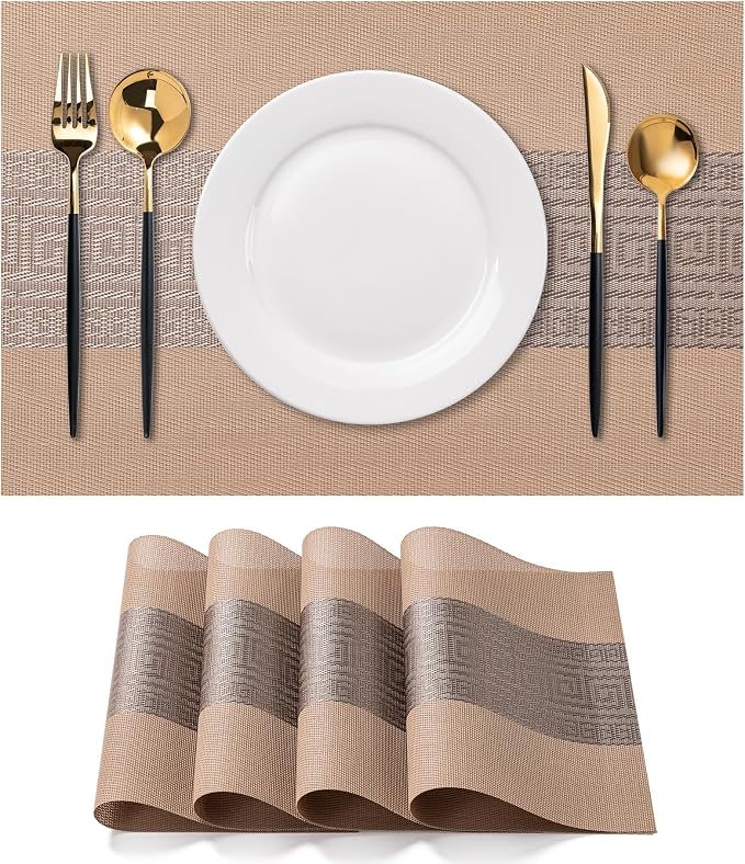CADONO Placemats Set of 4 Washable Indoor/Outdoor Vinyl Place Mats for Dining Table Durable Non-Slip Heat Resistant PVC Weave Table Mats（Classical Style-Coffee-Colored）