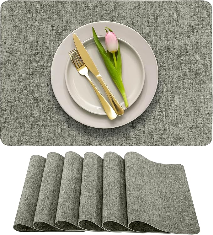 More Décor Faux Leather Placemats Set of 6 for Dining Table – Waterproof, Wipeable, Washable, Stain & Heat Resistant, Non-Slip Table Mats – 12 X 17 Inch, Light Grey