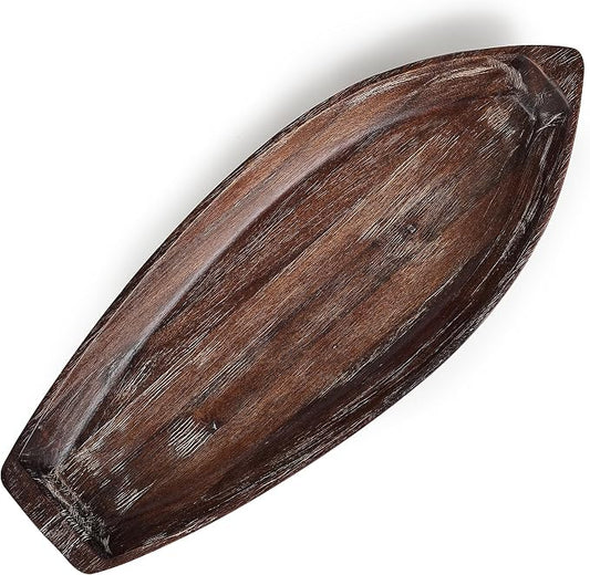 Rustic Wooden Serving Tray, Boat Shape Decorative Tray Vintage Centerpiece, Farmhouse Rustic Trays, Key Tray, Decorative Platter for Countertop Home Decorations- Distressed Brown。(Size L)