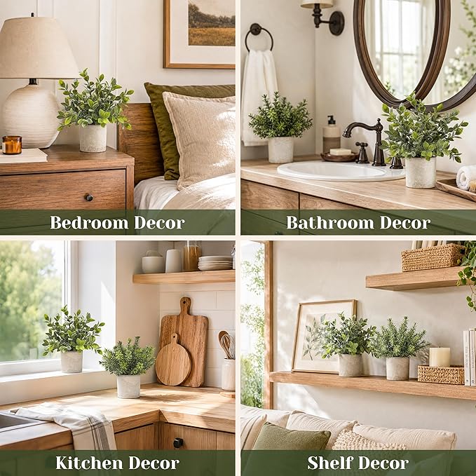 Der Rose 3 Pack Mini Potted Fake Plants Artificial Plastic Eucalyptus Plants Topiaries for Home Office Desk Farmhouse Shelf Room Bathroom Decor(Sage Green)