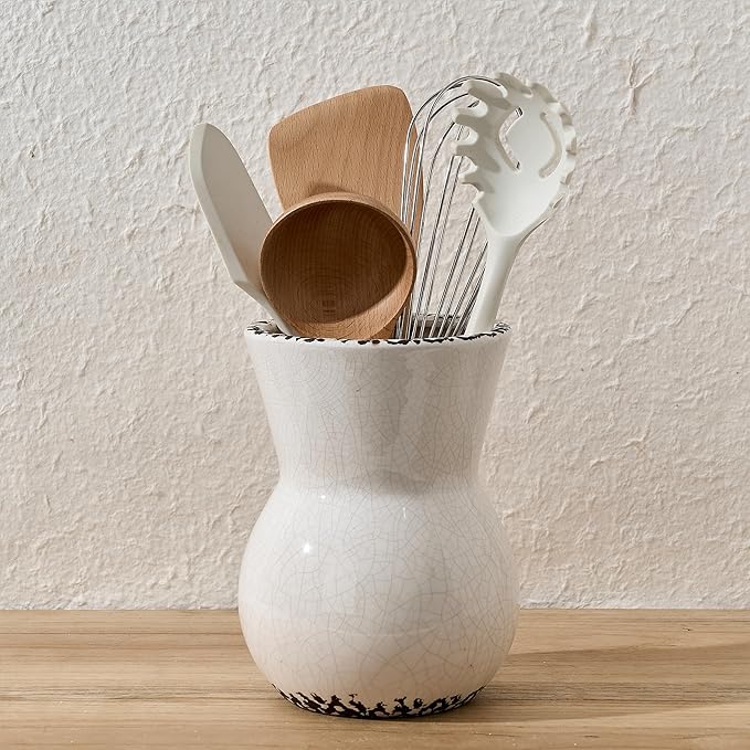 JIEMEI HOME Ceramic Kitchen Utensil Holder for Kitchen Counter, 7.56" Large Rustic Utensil Crock, Farmhouse Cooking Tool Organizer, Spatula Holder For Kitchen Decor, Antique Cracked White