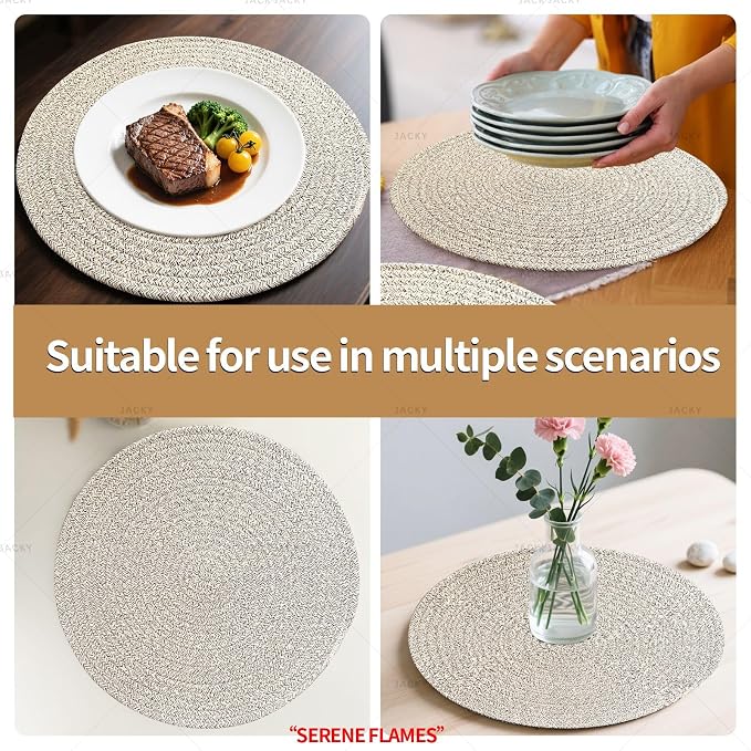 Round Placemats Set of 6 with Basket, 13" Cotton Woven Table Mats, Non-Slip Heat-Resistant, Washable Dining Chargers, Kitchen Hot Pads, Farmhouse Décor, Wedding & Holiday Use (Mix Brown)