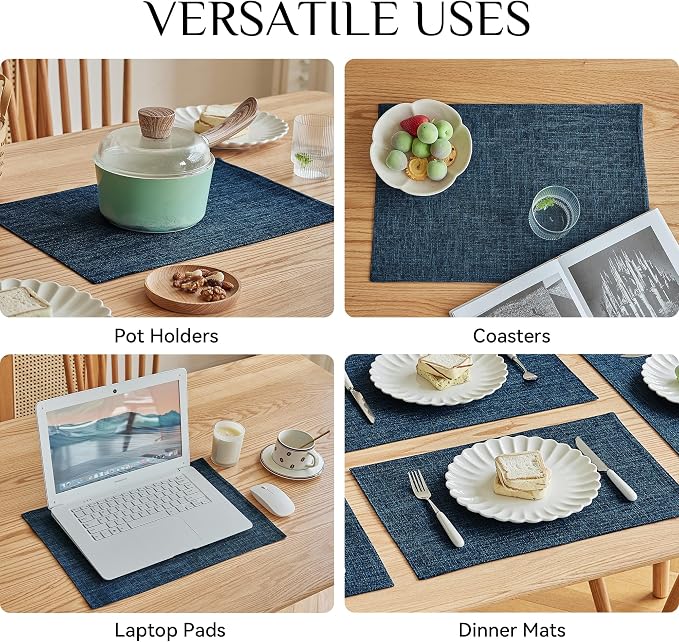 Softalker Faux Linen Placemats Set of 8-12 x 18 Inch, Heat Resistant Double Layered Durable Burlap Farmhouse Place Mats, Non-Slip Washable Rustic Table Mats for Dining, Kitchen, Party（Navy Blue