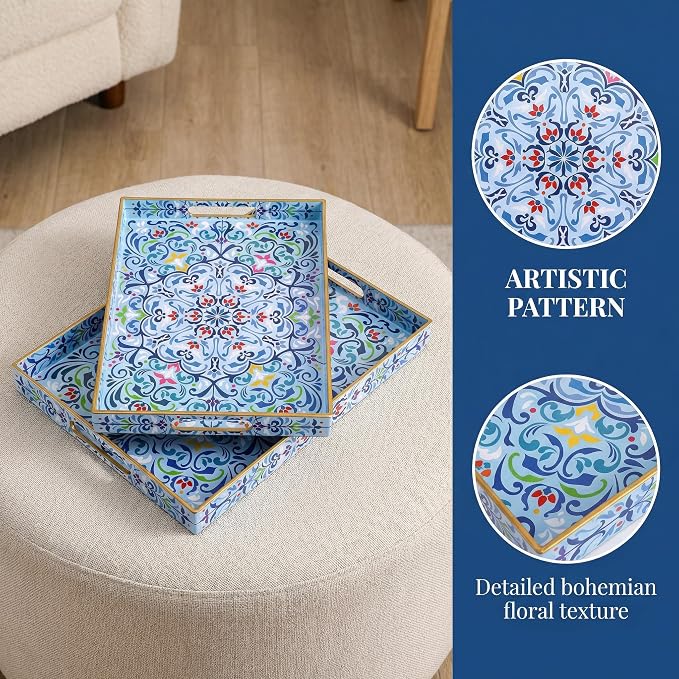 Hiceeden Set of 2 Boho Floral Serving Tray with Handles, 15.7" x 11.8" Decorative Plastic Ottoman Tray, Modern Large Coffee Table Server for Living Room, Bathroom, Kitchen, Rectangle, Blue