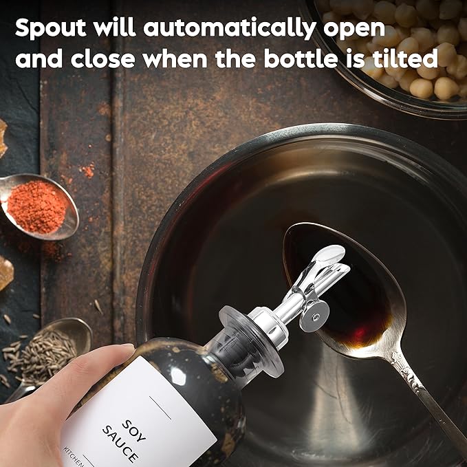 Spaceneat Olive Oil Dispenser Bottle - Includes 55 Kitchen Essential Labels - Cooking Oil Bottles for Kitchen, Coffee Syrup Dispenser - Pourer Spout with 11.8 fl oz Glass Container Cruet - 4pcs Silver