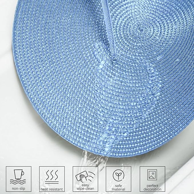 AHHFSMEI Round Placemats Set of 6 Heat Resistant Washable Non-Slip Woven Braided Table Mats for Dining Table Kitchen & Home Decor (Sky Blue)
