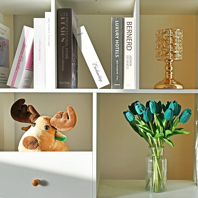 Mandy's Teal Artificial Tulips Flowers Centerpiece, 13.5" Lifelike PU Fake Floral Stems 20pcs for Kitchen Island & Dining Table, Spring Decor for Easter