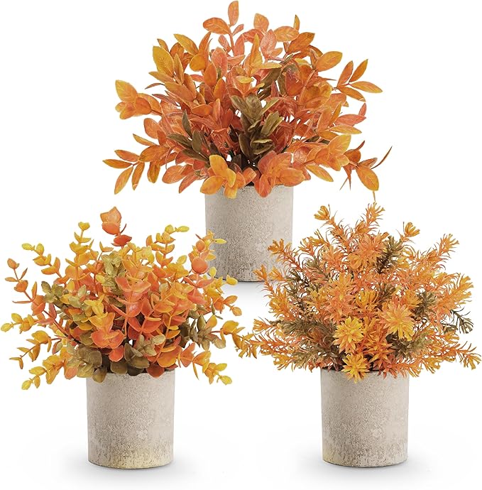 Der Rose 3 Pack Fake Plants Artificial Plastic Eucalyptus in Pot for Home Office Desk Bathroom Farmhouse Table Decor Indoor Warm Orange Accent