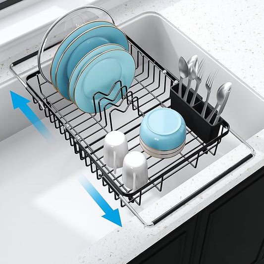 JASIWAY Expandable Stainless Steel Over The Sink Dish Drying Rack for Small Kitchen Counter Space Saving, Compact Black Plate Drainer Strainer, Adjustable Hanging Metal Dish Dryer with Utensil Holder