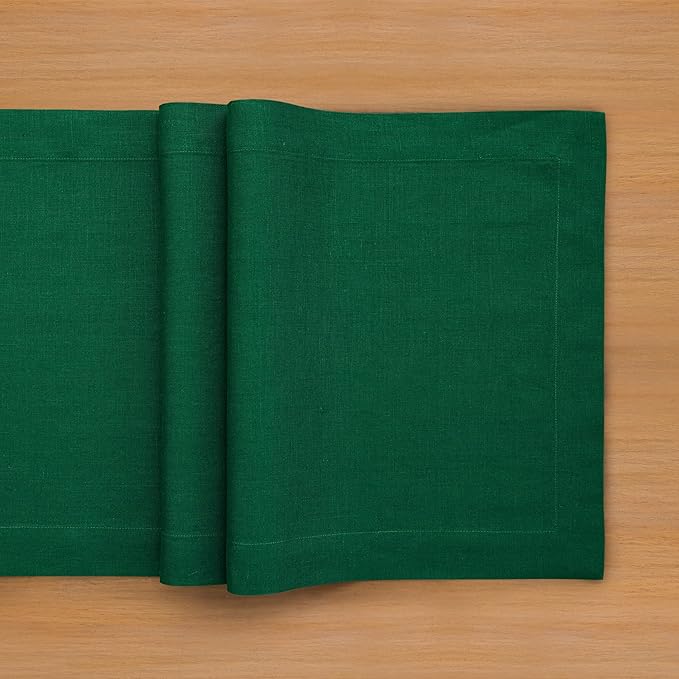 Solino Home Linen Table Runner 60 Inches - 100% Pure Linen Christmas Green Table Runner 14 x 60 Inch Ideal for Dresser and Coffee Tables - Fete
