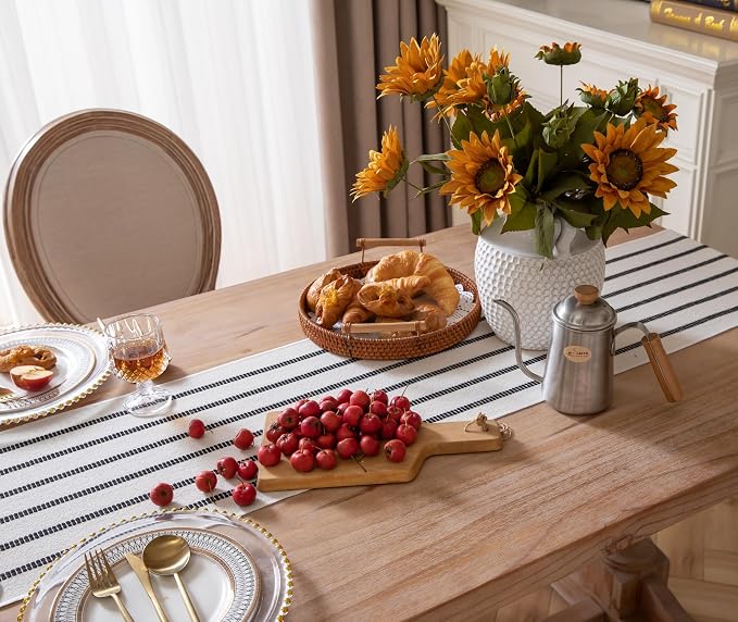 Caflife Boho Table Runner 108 Inchs Long Black and Beige, Cotton and Linen Woven with Tassels, for Modern Rustic Farmhouse Neutral Table Runners, Bohemian Kitchen Dining Table Home Decor