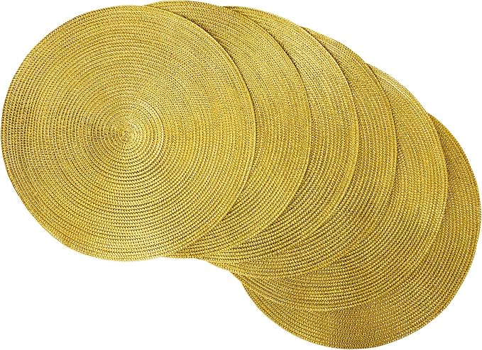 DII Woven Placemats Collection Metallic Round Placemat Set, 15", Gold, 6 Piece