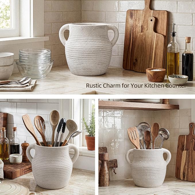 Rustic Utensil Holder for Kitchen Counter - Large Ceramic Farmhouse Cooking Utensil Crock & Organizer for Spatula, Spoon - Vintage Kitchen Decor (Ivory)