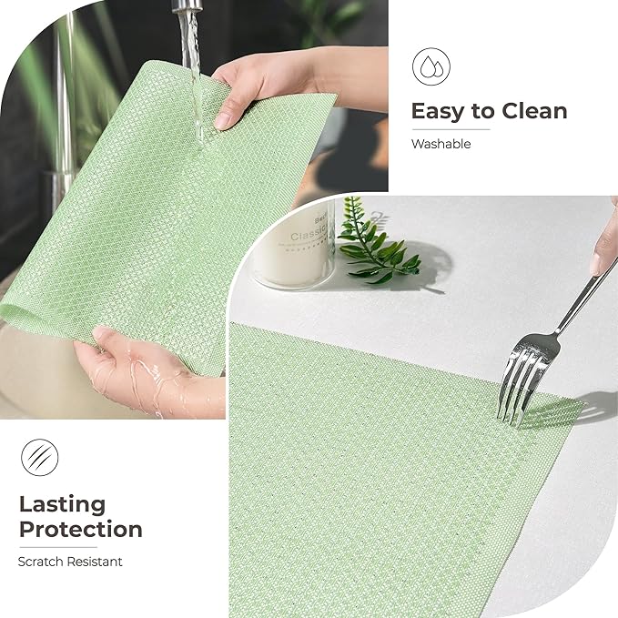 Leetaltree Sparkling Crisp Green Sequin Woven Vinyl Placemats, Set of 12 - Waterproof & Washable Dining Table Mats for Wedding, Anniversary, Daily Use, Hand-Cut