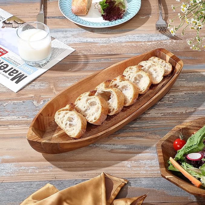 Lucky Boat Serving Tray, Acacia Solid Wood Interesting Shape Plate for Serving Desserts, Fruit, Snack and House Ornament,Key Tray,Functional and Storage Decorative Bowl。(L)