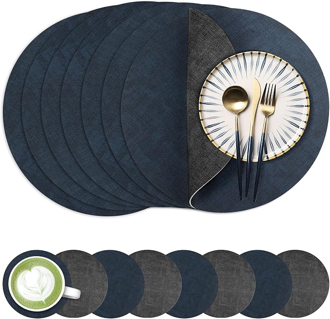 13-Inch Faux Leather Round Placemats Set of 8, Waterproof Anti-Slip Dual Sided Place mats, Heat Resistant Washable Table Mats with Coaster, Suitable for Indoor & Outdoor (8, Black Navy Blue)