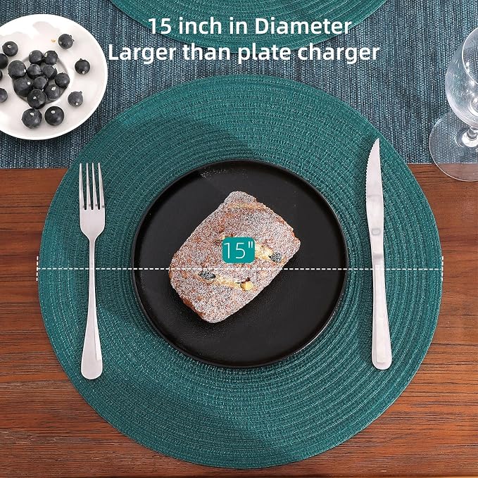 SHACOS Round Placemats Set of 8 Woven Braided Table Placemats 15 inch Circle Place Mats Washable Non Slip Table Mats for Home Wedding Party, Teal Green